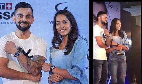 Virat Kohli was seen using a platform to look taller than budding tennis star Karman Kaur Thandi who is 6-ft tall.  (Photo | Twitter/@sanobarfatma)