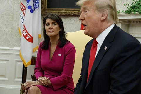 President Donald Trump speaks during a meeting with outgoing U.S. Ambassador to the United Nations Nikki Haley in the Oval Office of the White House, Tuesday, Oct. 9, 2018, in Washington. (Photo | AP)