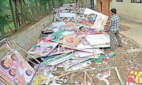 Illegal banners and flexes piled up. (Photo | EPS)
