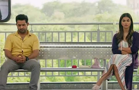 Jr NTR and Pooja Hegde in 'Aravinda Sametha'.