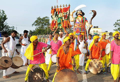Folk artists perform during the inauguration of Dasara festival atop chamundi hill in Mysuru. (Photo|Udayshankar S/ EPS)