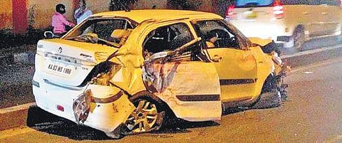 The car involved in the accident on Old Airport Road on Saturday