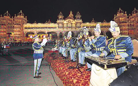 Police Band performing at the palace premises as part of the Dasara festivities in Mysuru on Sunday | Udayashankar S