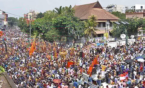BJP activists marched to the secretariat to protest the implementation of the Supreme Court verdict allowing women of all age groups entry into the Sabarimala shrine. (Photo | B P Deepu/ EPS)