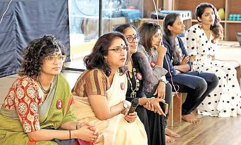 Actors Parvathy, Revathy, Sajitha Madathil, Geethu Mohan Das and Rima Kallingal during the one-year celebrations of the WCC. (EPS| Melton Antony)