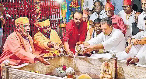 Congress president Rahul Gandhi offers prayers at Achaleshwar Mahadev Mandir in Gwalior on Monday | pti
