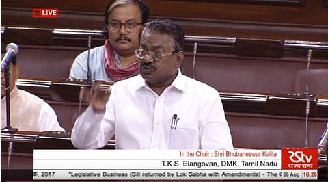 T.K.S Elangovan ( DMK) speaks during a debate in Lok Sabha on Monday. ( Screen grab | RSTV)