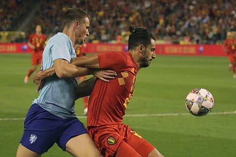 Netherlands' Hans Hateboer, left, tries to stop Belgium's Nacer Chadil during an international soccer friendly match between Belgium and The Netherlands at the King Baudouin stadium in Brussels. (Photo | AP)