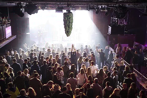 A depiction of a cannabis bud hangs from the ceiling as a band plays at Leafly's countdown party in Toronto, Tuesday, Oct. 16, 2018, as they prepare to mark the legalization of Cannabis across Canada. (Photo | AP)