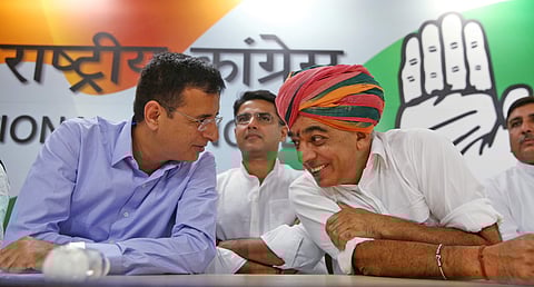 Former Rajasthan BJP MLA Manvendra Singh with Rajasthan Congress President Sachin Pilot and Randeep singh Surjewala during a press conference after Singh joined Congress party in New Delhi. (Photo| Shekhar Yadav/ EPS)