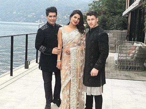 Manish Malhotra, Nick Jonas and Priyanka Chopra in Lake Como, Italy. (Photo | Twitter)