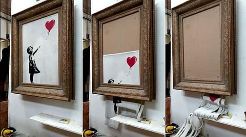Artist Banksy's  'Girl with Balloon' pictured here with the before and after it was shredded images. (Photo | Twitter)