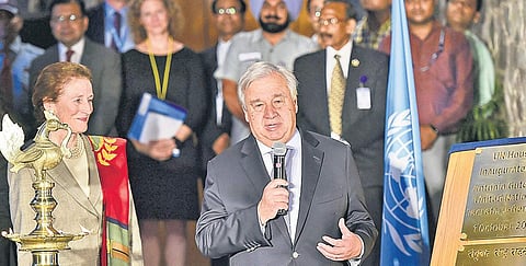 UN Secretary-General Antonio Guterres speaks during the inauguration of the UN House in New Delhi on Monday| pti