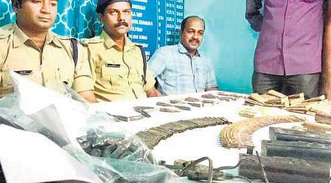 Police officers displaying the ammunition found on the riverbed of Bharathapuzha at Kuttipuram on January 11 (file pic)