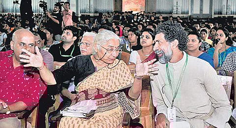 Social activist Medha Patkar interacting with Fr Prasant Palakkappillil, Principal, Sacred Heart College, Thevara, during the inauguration of ‘Gandhi Smriti’ on Monday. | A Sanesh