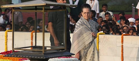 Former Congress president Sonia Gandhi pays tributes at  Mahatma Gandhi's memorial at Raj Ghat on his 149th birth anniversary in New Delhi on Tuesday. | (Shekhar Yadav | EPS)