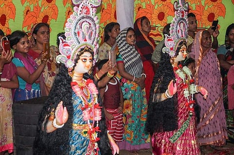 This photo taken on October 18, 2018 shows Hindu refugees from Myanmar gathering to celebrate the Durga Puja festival at the Kutapalong refugee camp in southern Bangladesh. (Photo | AFP)