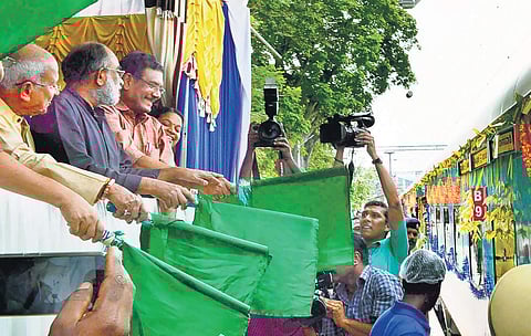 Union Minister of State for Culture and Tourism Alphons Kannanthanam flagging off the  Kochuveli - Banaswadi Humsafar Express at Kochuveli railway station on Saturday. A Sampath MP and O Rajagopal MLA are also seen | Express