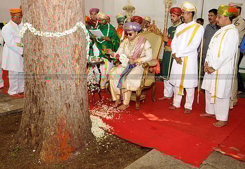 Yaduveer Krishnadatta Chamaraja Wadiyar offering banni pooja as part of Dasara in Mysuru on Monday. (Udayashankar S | EPS)