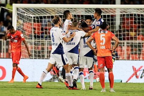 The Bengaluru FC team celebrate their win over FC Pune City on 23 October 2018. (Photo | Sunil Chhetri/ Twitter)