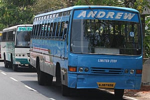 Private buses parked near the Kaloor bus stand and on the Kaloor-Kadavanthra stretch. (Photo: EPS)