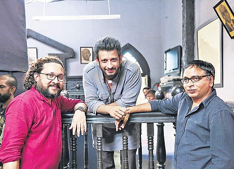 From left: Scriptwriter Manish Kishore, actor Sharman Joshi and director Dhiraj Kumar on the sets of Kaashi