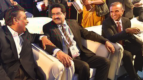 From L-R Reliance Industries Ltd. Chairman Mukesh Ambani Aditya Birla Group Chairman Kumar Mangalam Birla and Bharti Enterprises Chairman and Founder Sunil Bharti Mittal attend the Indian Mobile Congress 2018 at Aerocity in New Delhi. (Photo | PTI)