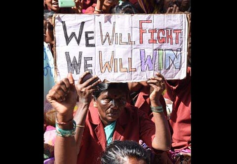 Pourakarmikas protest against sexual harassment and demand for their rights. (Photo: File / EPS)