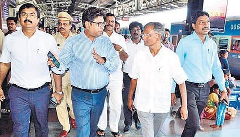 Vinod Kumar Yadav , General Manager, South Centeral Railway (SCR) and other officials inspecting the Tirupati Railway Station on Wednesday | express