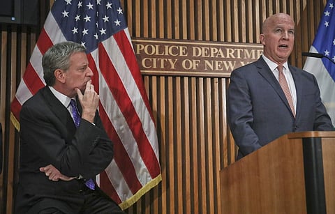 Mayor Bill deBlasio, left, listens as Police Commissioner James P. O'Neil speaks during a news conference on the latest in the package bomb investigation, Thursday Oct. 25, 2018, in New York. (Photo | AP)