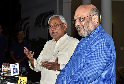BJP chief Amit Shah and Bihar Chief Minister Nitish Kumar at the former's residence in New Delhi, Oct 26 2018. (Photo | PTI)