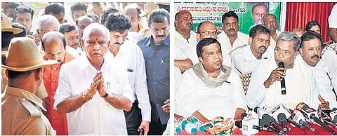 BJP state president BS Yeddyurappa (left) and former Chief Minister Siddaramaiah (right) vigourously campaign for their respective candidates in Mandya on Wednesday| Express