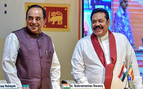 Sri Lankan PM Mahinda Rajapaksa with BJP Leader Subramanian Swamy (File | PTI)