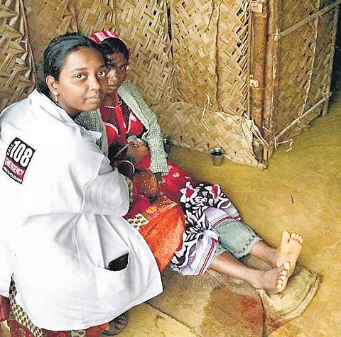 EMT K Roja with Kavitha at the latter’s home on Sunday.  | Express Photo Services