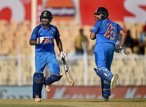 Indian batsmen Ambati Rayudu and Rohit Sharma run between the wickets during the 4th ODI cricket match against West Indies at Brabourne Stadium. (Photo | PTI)