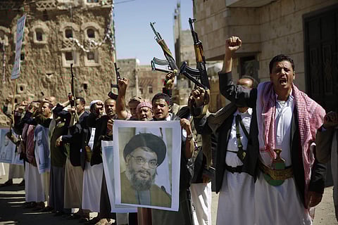 Shiite rebels, known as Houthis during a rally in support of Iranian-backed Hezbollah, in Sanaa, Yemen (File | AP)