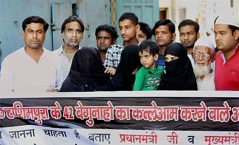 Victims of Hashimpura massacre protest in Meerut in March, 2015. (Photo | PTI)