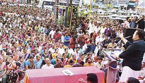 Suresh Gopi addresses a BJP protest rally in Kanhangad on Tuesday | Express