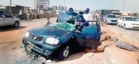 The car that toppled at Kodigehalli on Tuesday | Express