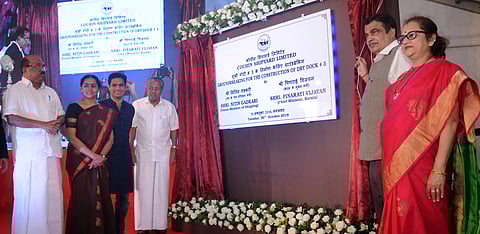Union Shipping minister Nitin Gadkari Unveiling the plaque as part of ground breaking 310 meter dry dock at Cochin shipyard limited on Tuesday. (Photo | A Sanesh/EPS)