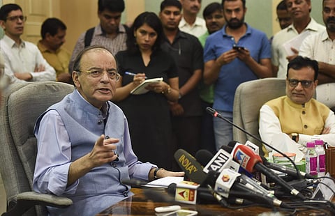 Union Finance Minister Arun Jaitley addresses the media at North Block in New Delhi, Oct 4 2018.