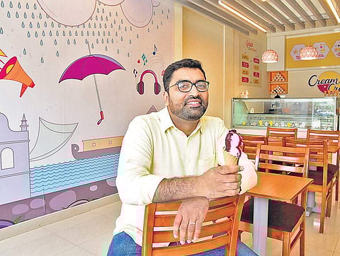 Clockwise from above: Samir Joseph at Cream craft; Berry red ice-cream; Oreo, Pista, Chocolate, and cookie dough ice-creams