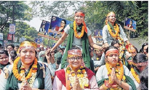 Aspiring candidates of Ramadevi Women’s University on way to file nomination for campus polls on Wednesday | Express