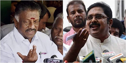 (L-R) Tamil Nadu Deputy CM O Panneerselvam; Amma Makkal Munetra Kazhagam chief TTV Dhinarakan (Photos | File/ EPS)