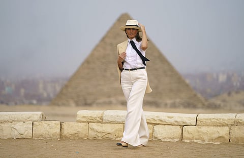 First lady Melania Trump visits the historical site of the Giza Pyramids in Giza, near Cairo, Egypt. (Photo | AP)