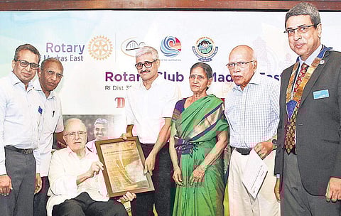 Dr BM Hegde (seated) gave the recipients their awards and a cheque  worth ` 1 lakh each Debdatta Mallick