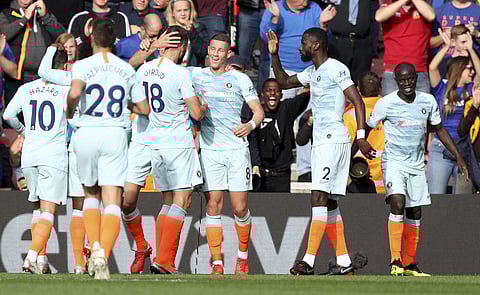 Chelsea's Ross Barkley, center, celebrates scoring his side's second goal of the game during their English Premier League soccer match against Southampton at St Mary's Stadium, Southampton, England, Sunday, Oct. 7, 2018. | AP