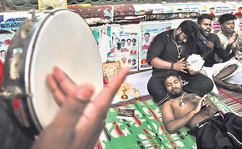 Members of the Ayyappa Bhakthajana Samajam who are staging an indefinite fast in front of the Secretariat on Saturday evening in protest against the Supreme Court verdict lifting age restriction on women devotees visiting the Sabarimala Lord Ayyappa Templ