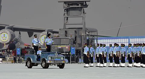 Air Force Chief BS Dhanoa inspecting the guard of honour during the 86th anniversary celebration of Air Force Day parade at the Hindon Air Force Base near Ghaziabad. ( Photo | EPS/Parveen Negi)