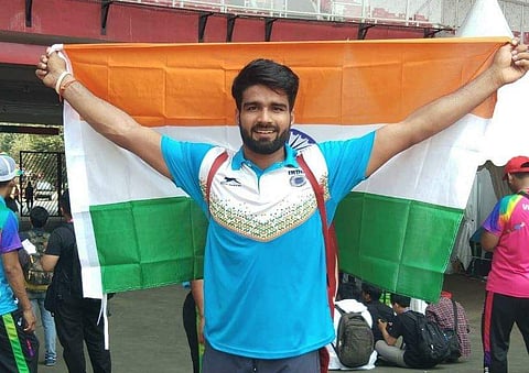 Javelin thrower Sandeep Chaudhary clinched India's first gold medal at the ongoing Asian Para Games. (Photo | Twitter)